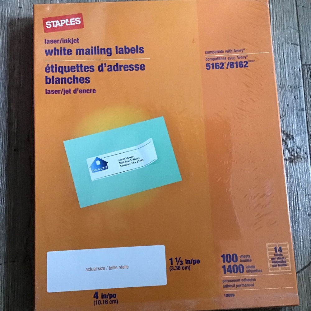 Staples laser/ inkjet white mailing labels